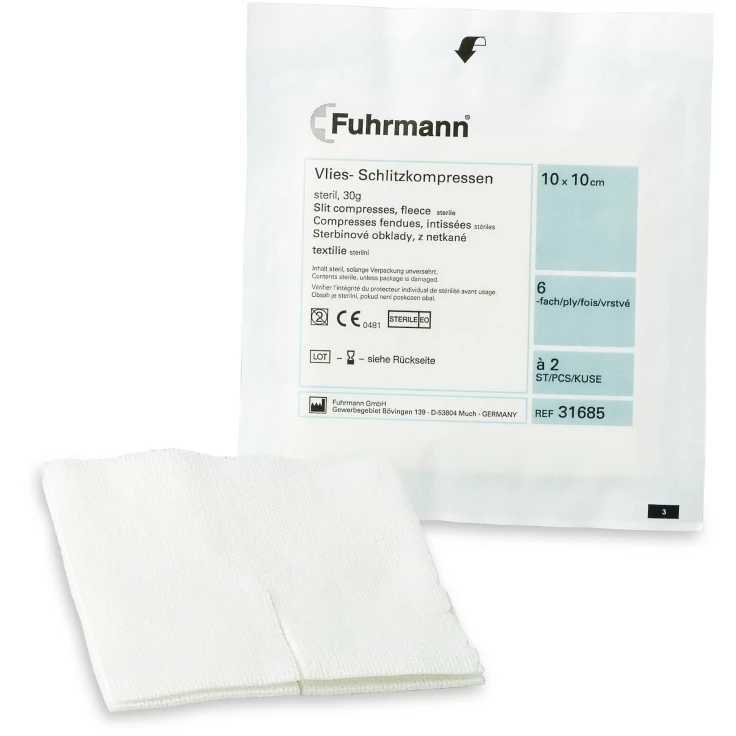 Kompresy włókninowe Fuhrmann sterylne, 30 g, 6 - warstwowe - 1 opakowanie = 50 x 2 sztuki = 100 sztuk, 10 x 10 cm