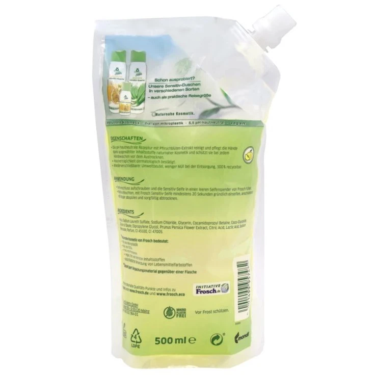 Frosch Sensitive Soap Pure Care, Peach Blossom - 500 ml - Refill Bag