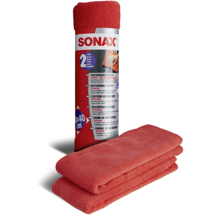 SONAX Ściereczka z mikrofibry na zewnątrz, pielęgnacja lakieru - 1 opakowanie = 2 ściereczki, 40 x 40 cm