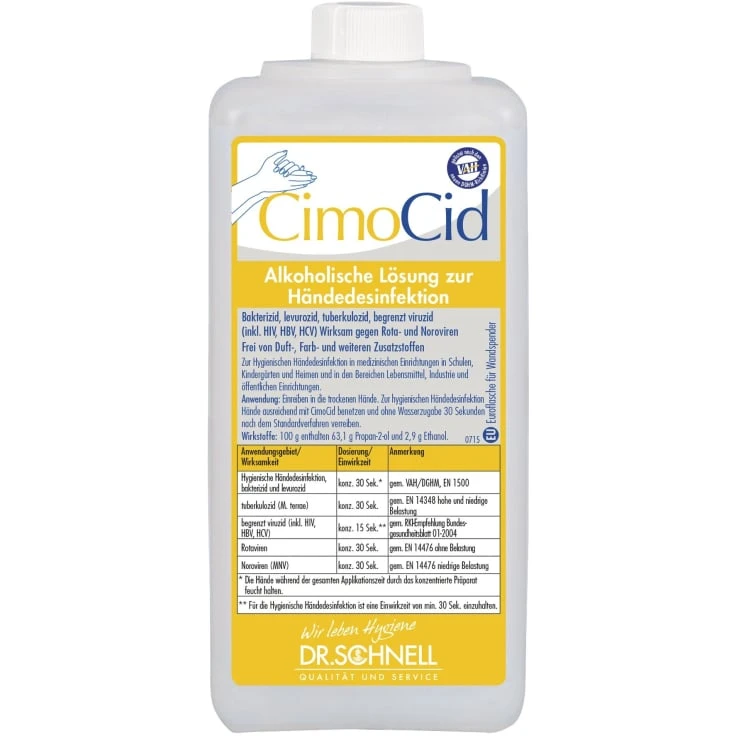 Dr Schnell Płyn do dezynfekcji rąk CimoCid, ograniczone działanie wirusobójcze - 1 litr - Eurobutelka